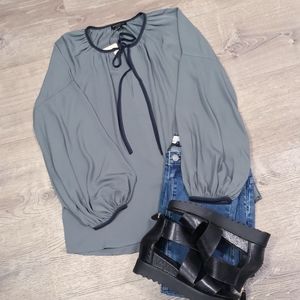 Anthropologie Green Blouse with Navy Trim